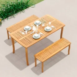 Tangkula 63" Outdoor Dining Table W/ Umbrella Hole Slatted Tabletop For Backyard