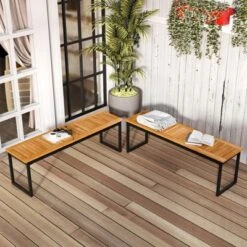 Tangkula Patio Dining Bench Set Of 2, 2-3-person Backless Bench With Slatted Seat & Metal Legs Outdoor Bench For Entryway Garden Poolside Natural -Tangkula GUEST 20c0389c 6842 495f 8609 678ac9d1c15a