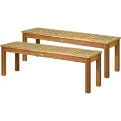 Tangkula Set Of 2 Acacia Wood Bench Dining Bench Patio Garden W/ Slatted Seat Teak -Tangkula GUEST 2173a861 2da7 4dd2 87ff cfcbafc9962b