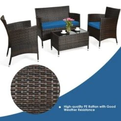 Tangkula 4PCS Patio Rattan Conversation Furniture Set Outdoor W/ Peacock Blue Cushion -Tangkula GUEST 21d88104 0c5c 4d43 8569 6a8e8e7be8f6