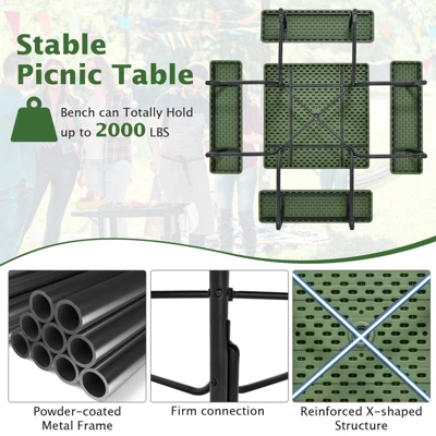 Tangkula 8-person Square Picnic Table Bench Set Outdoor Picnic Table With 4 Benches & Umbrella Hole 500 LBS Capacity Black/Grey/White/Green 3 Tangkula 8-person Square Picnic Table Bench Set Outdoor Picnic Table With 4 Benches & Umbrella Hole 500 LBS Capacity Black/Grey/White/Green - Image 3