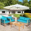Tangkula 4-Piece Outdoor Patio Wood Conversation Furniture Set Padded Chair With Coffee Table Turquoise