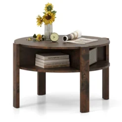Tangkula 29.5" 2-Tier Round Coffee Table W/ Storage 4 Shelves Faux Wooden Top -Tangkula GUEST 23ef9197 bfd2 432f a09f 399570cf095d