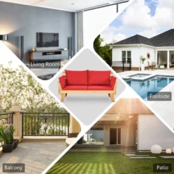 Tangkula Adjustable Patio Sofa Daybed Acacia Wood Furniture W/ Red Cushions -Tangkula GUEST 244991f1 c2a4 4a18 bebd ea436a0b14b0