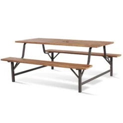Tangkula 71" Patio Picnic Table Bench Set Outdoor Camping Table Set W/ Acacia Wood Tabletop & Seat 2" Umbrella Hole -Tangkula GUEST 247285f0 5270 46ae 9507 3a0ae7103d9f