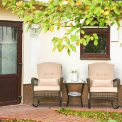 Tangkula Patio Set Of 3 Rocking Wicker Bistro Set W/ Tempered Glass Side Table Mix Brown