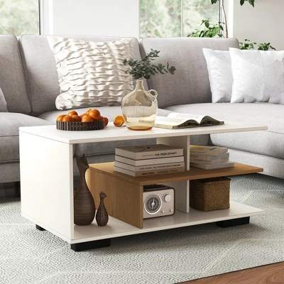 Tangkula Geometric Coffee Table W/ Storage Shelves 3-Tier Rectangular Tea Table 3 Tangkula Geometric Coffee Table W/ Storage Shelves 3-Tier Rectangular Tea Table - Image 3