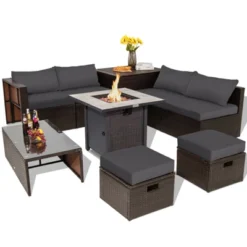 Tangkula 9 PCS Outdoor Patio Furniture Set W/ 30" Propane Fire Pit Table PE Wicker Space-Saving Sectional Sofa W/ Storage Box And Cushions Black/Gray/Navy/Red/Turquoise/Off White -Tangkula GUEST 256554c0 edc4 4364 9d04 2dc674b71ea6