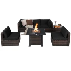 Tangkula Patio Rattan 7PCS Cushioned Chair Set Furniture Set Thick Cushion W/ 50,000 BTU Propane Fire Pit Table For Garden Black/Navy/Red/Turquoise/Off White -Tangkula GUEST 2588baa1 d80e 4f2d 9c5a 715de2f596c1