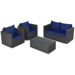 Tangkula Set Of 4 Patio Rattan Conversation Furniture Set Outdoor Wicker Sofa Set With Padded Cushion & Tempered Glass Coffee Table Navy -Tangkula GUEST 26bb4e4d 6c99 4c8f 929b 36e6a43920fc