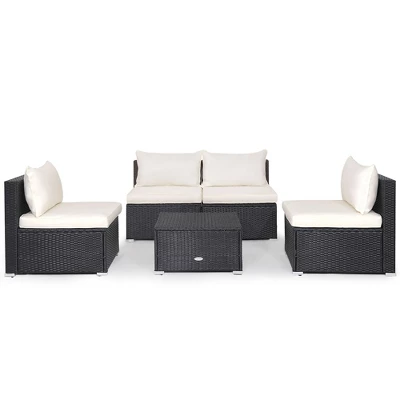 Tangkula 5PCS Patio Outdoor Rattan Sofa Conversation Set W/ Seat & Back Cushions Off White 9 Tangkula 5PCS Patio Outdoor Rattan Sofa Conversation Set W/ Seat & Back Cushions Off White - Image 9