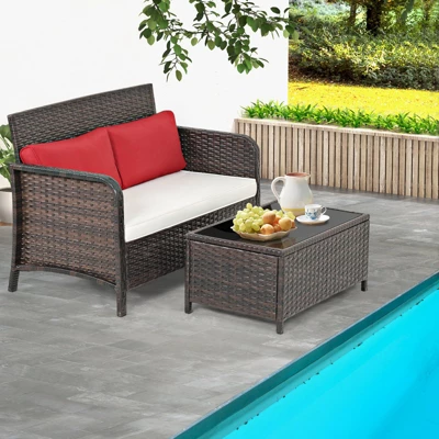 Tangkula 2PCS Patio Rattan Furniture Set Loveseat W/Coffee Table For Garden Porch Backyard Brown 2 Tangkula 2PCS Patio Rattan Furniture Set Loveseat W/Coffee Table For Garden Porch Backyard Brown - Image 2