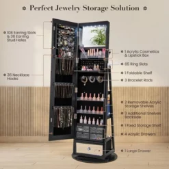 Tangkula 360° Swivel Jewelry Cabinet W/ Mirror Jewelry Storage Organizer Built-in Lights Black -Tangkula GUEST 28f2354d 8c87 4eba 9508 f4449d83e249