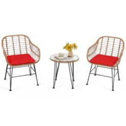 Tangkula 3PCS Patio Rattan Furniture Set With Round Tempered Glass Top Table & 2 Rattan Armchairs White/Turquoise/Red -Tangkula GUEST 292f6d42 e97f 42d6 9ad6 63576e256fc7