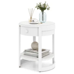 Tangkula 2-Tier Nightstand W/ Shelf & Wood Grains Drawer Round White/Brown -Tangkula GUEST 2956a5ee 9d15 4a70 b084 750f086b9fa7