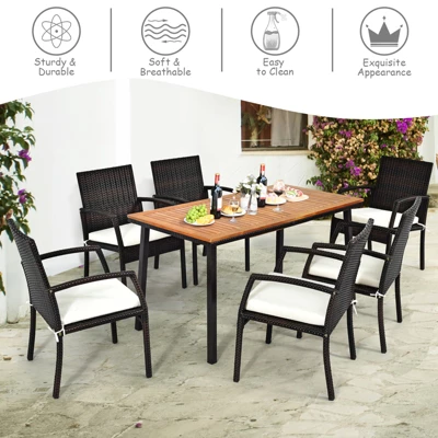 Tangkula 7PCS Patio Rattan Furniture Dining Set Wooden Table Cushioned Chair 5 Tangkula 7PCS Patio Rattan Furniture Dining Set Wooden Table Cushioned Chair - Image 5