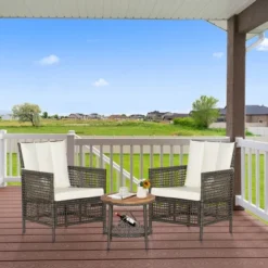 Tangkula 3PCS Patio Wicker Bistro Set Furniture Set PE Rattan Table Set W/ Off White Cushions