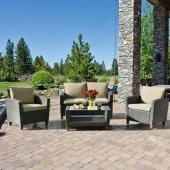 Tangkula 4PCS Cushioned Rattan Conversation Set W/ Coffee Table Patio Outdoor