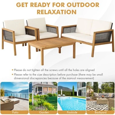 Tangkula 8-Piece Patio Acacia Wood Furniture Set Outdoor PE Rattan Conversation Set With Removable Cushions 5 Tangkula 8-Piece Patio Acacia Wood Furniture Set Outdoor PE Rattan Conversation Set With Removable Cushions - Image 5