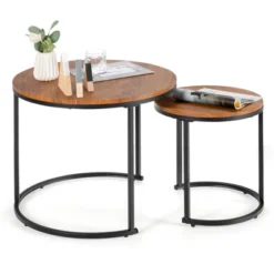 Tangkula 2PCS Stacking Metal Legs Modern Side Round Nesting Coffee Table W/ Wooden Tabletop For Living Room Rustic Brown/Brown -Tangkula GUEST 2b98c11e 8db2 447e a55e 7ff49d648a3f