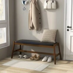 Tangkula 1pc/2pcs Solid Wood Dining Bench 50" Upholstered Entryway Bench W/ Padded Seat & Rubber Wood Frame Rectangular Ottoman Bench