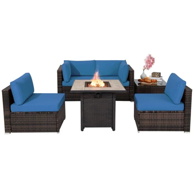 Tangkula 6 PCS Patio Wicker Furniture Set With 30" Gas Fire Pit Table 50,000 BTU Black/Red/Turquoise/Navy/White Cushions 10 Tangkula 6 PCS Patio Wicker Furniture Set With 30" Gas Fire Pit Table 50,000 BTU Black/Red/Turquoise/Navy/White Cushions - Image 10