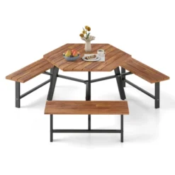 Tangkula 6 Person Acacia Wood Picnic Table Bench Set W/3 Seats Umbrella Hole Metal Frame -Tangkula GUEST 2cfcd67b 99ec 45ac 8cfc 5891d69938fd
