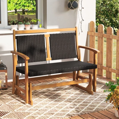 Tangkula Patio Rattan Glider Bench Swing Gliding Rocker For 2 W/ Acacia Wood Frame 9 Tangkula Patio Rattan Glider Bench Swing Gliding Rocker For 2 W/ Acacia Wood Frame - Image 9