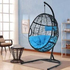 Tangkula Hanging Hammock Chair Egg Swing Chair W/ Blue Cushion Pillow Stand