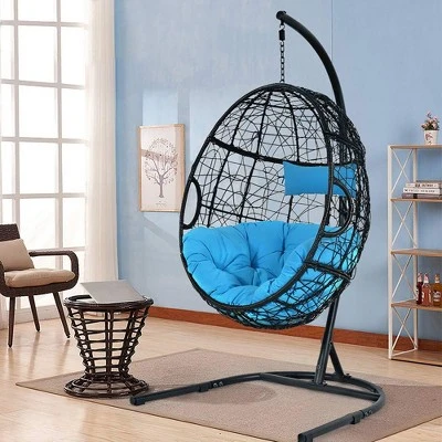 Tangkula Hanging Hammock Chair Egg Swing Chair W/ Blue Cushion Pillow Stand 1 Tangkula Hanging Hammock Chair Egg Swing Chair W/ Blue Cushion Pillow Stand