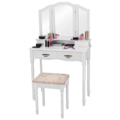 Tangkula Tri Folding Vanity Mirror Makeup Table Set W/4 Drawers & Stool White -Tangkula GUEST 2ebae3dc 24dd 4b74 86da 788ca9b1a02c