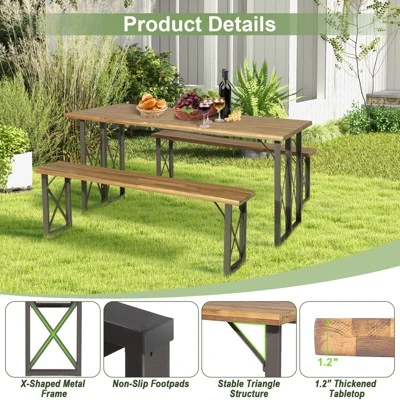 Tangkula 3 Piece Patio Picnic Table Bench Set, Outdoor Camping Table Set W/ Acacia Wood Tabletop & Seat 2” Umbrella Hole 7 Tangkula 3 Piece Patio Picnic Table Bench Set, Outdoor Camping Table Set W/ Acacia Wood Tabletop & Seat 2” Umbrella Hole - Image 7