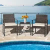 Tangkula 3PCS Patio Rattan Hand-Woven PE Wicker Bistro Set Outdoor Furniture Set W/ Table & Cushion
