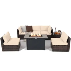 Tangkula 7PCS Patio Rattan Furniture Set Fire Pit Table Cover Cushion Beige -Tangkula GUEST 3227c48c a3f1 4bf9 8231 a37a154f44b1