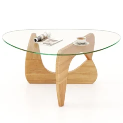 Tangkula Triangle Coffee Table W/ Tempered Glass Top & Adjustable Rubber Wood Base -Tangkula GUEST 3230405b 9d38 40c3 b828 01a79942703d