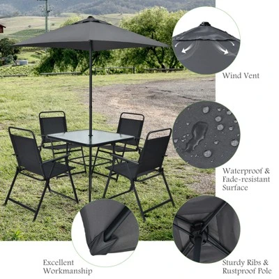 Tangkula 6-Piece Patio Dinning Sets Garden Table Set Outdoor Folding Chairs & Glass Table Set W/ Umbrella Grey 6 Tangkula 6-Piece Patio Dinning Sets Garden Table Set Outdoor Folding Chairs & Glass Table Set W/ Umbrella Grey - Image 6