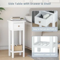 Tangkula Narrow Side Table Small End Table For Small Spaces Farmhouse Acacia Wood Slim Sofa Table Thin Nightstand W/Drawer & Open Shelf White -Tangkula GUEST 332a4048 44cc 43e5 82f1 d7c4b2bd3c16