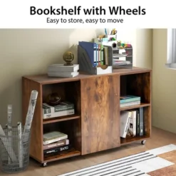 Tangkula 3-Tier Wood Bookcase 6 Cube Bookshelf W/ Door Wheels Display Cabinet -Tangkula GUEST 349b214d 9bdd 48dc 9f5b b5efa952e043