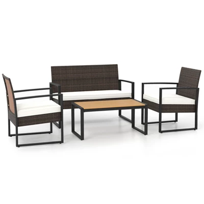Tangkula Set Of 4 PE Rattan Patio Conversation Set Outdoor Porch Chairs Loveseat With Coffee Table And Soft Cushions Metal Frame 9 Tangkula Set Of 4 PE Rattan Patio Conversation Set Outdoor Porch Chairs Loveseat With Coffee Table And Soft Cushions Metal Frame - Image 9