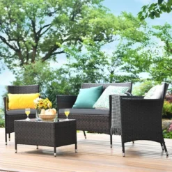 Tangkula 4PCS Patio Rattan Conversation Furniture Set Outdoor W/ Brown & Gray Cushion -Tangkula GUEST 359085cd 69c7 400d b73b a0e95319b842 1
