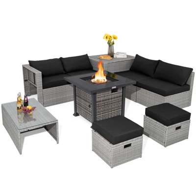 Tangkula 9 Pieces Outdoor Patio Furniture Set W/ 32" Propane Fire Pit Table Sectional Sofa Set W/ Storage Box Black/Gray/Navy/Red/Turquoise/Off White 9 Tangkula 9 Pieces Outdoor Patio Furniture Set W/ 32" Propane Fire Pit Table Sectional Sofa Set W/ Storage Box Black/Gray/Navy/Red/Turquoise/Off White - Image 9