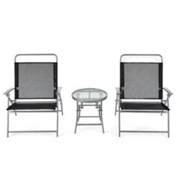 Tangkula 3 Piece Patio Folding Chair Set W/ Coffee Table & Extra-Large Seat Porch Backyard Poolside