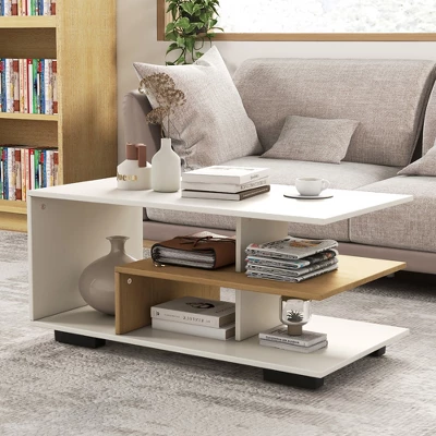 Tangkula Geometric Coffee Table W/ Storage Shelves 3-Tier Rectangular Tea Table 2 Tangkula Geometric Coffee Table W/ Storage Shelves 3-Tier Rectangular Tea Table - Image 2