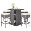 Tangkula 5PCS Wicker Bar Table Set W/ Hidden Storage Shelves Bar Table Stools Patio