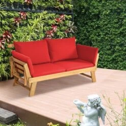 Tangkula Adjustable Patio Sofa Daybed Acacia Wood Furniture W/ Red Cushions -Tangkula GUEST 37e5c9b4 b435 4c63 bd4d e23a11f96f33