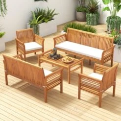 Tangkula 5 Pieces Acacia Wood Patio Conversation Set Outdoor Furniture Sofa Set With Removable Seat Cushions Sectional Sofa & Table Set