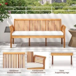 Tangkula 3 Person Outdoor Bench, 62.5" Acacia Wood Patio Sofa With Curved Armrests And Removable Seat Cushion -Tangkula GUEST 382352c0 7a0a 4465 9e88 04fae8b91cb6