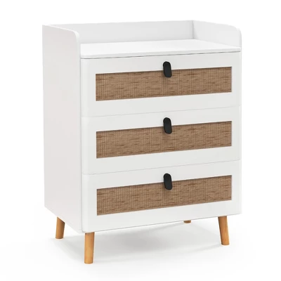 Tangkula Modern Nightstand End Bedside Table W/ 3 Rattan Drawers & Solid Wood Legs White 7 Tangkula Modern Nightstand End Bedside Table W/ 3 Rattan Drawers & Solid Wood Legs White - Image 7