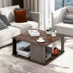 Tangkula 2-Tier Square Coffee Table W/ Storage Industrial Center Table For Living Room