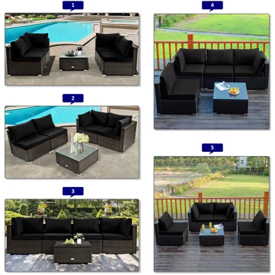 Tangkula 6 PCS Patio Wicker Furniture Set With 30" Gas Fire Pit Table 50,000 BTU Black/Red/Turquoise/Navy/White Cushions 5 Tangkula 6 PCS Patio Wicker Furniture Set With 30" Gas Fire Pit Table 50,000 BTU Black/Red/Turquoise/Navy/White Cushions - Image 5